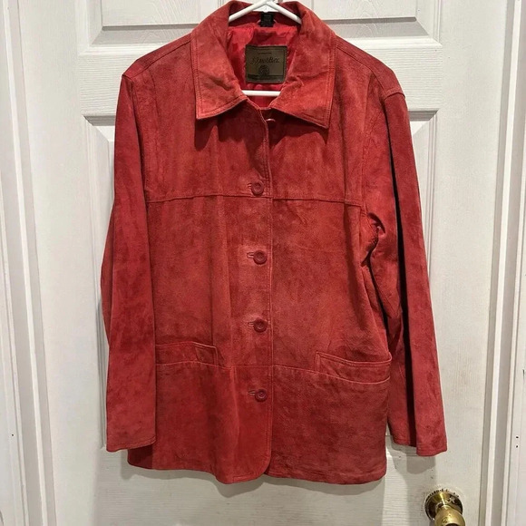 Vintage St Johns Bay LP Suede Coat Women Red Button Up Pockets‎ Large Petite - Picture 1 of 10